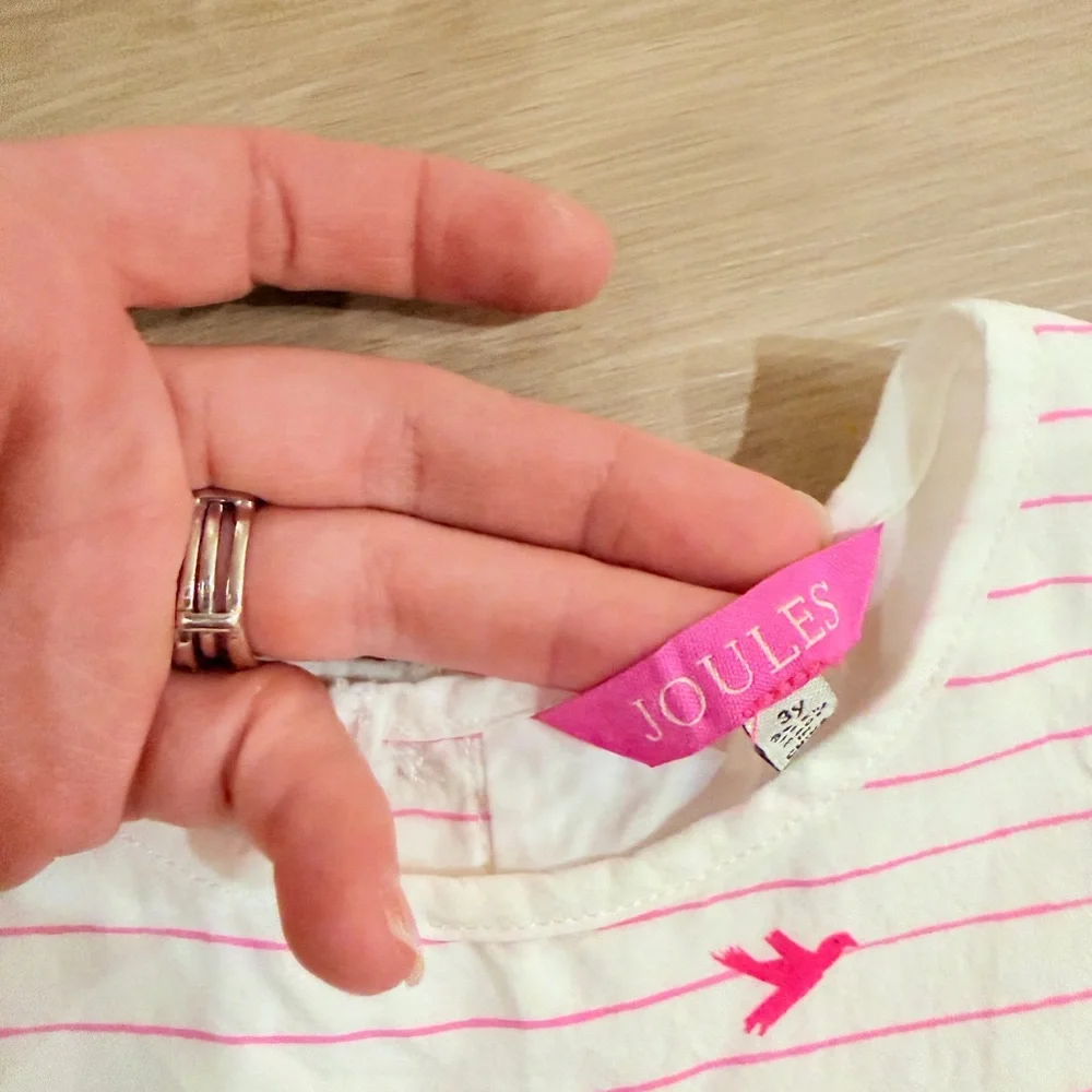 Joules Cream Dress with Pink Stripes and Garden Border Sz 3